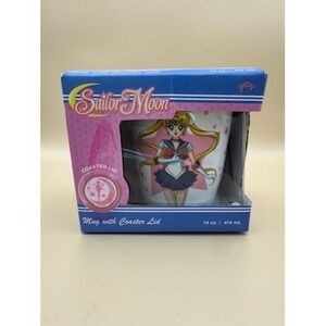 Sailor Moon Mug with Coaster Lid 14oz Ceramic Pink White Toei Animation New